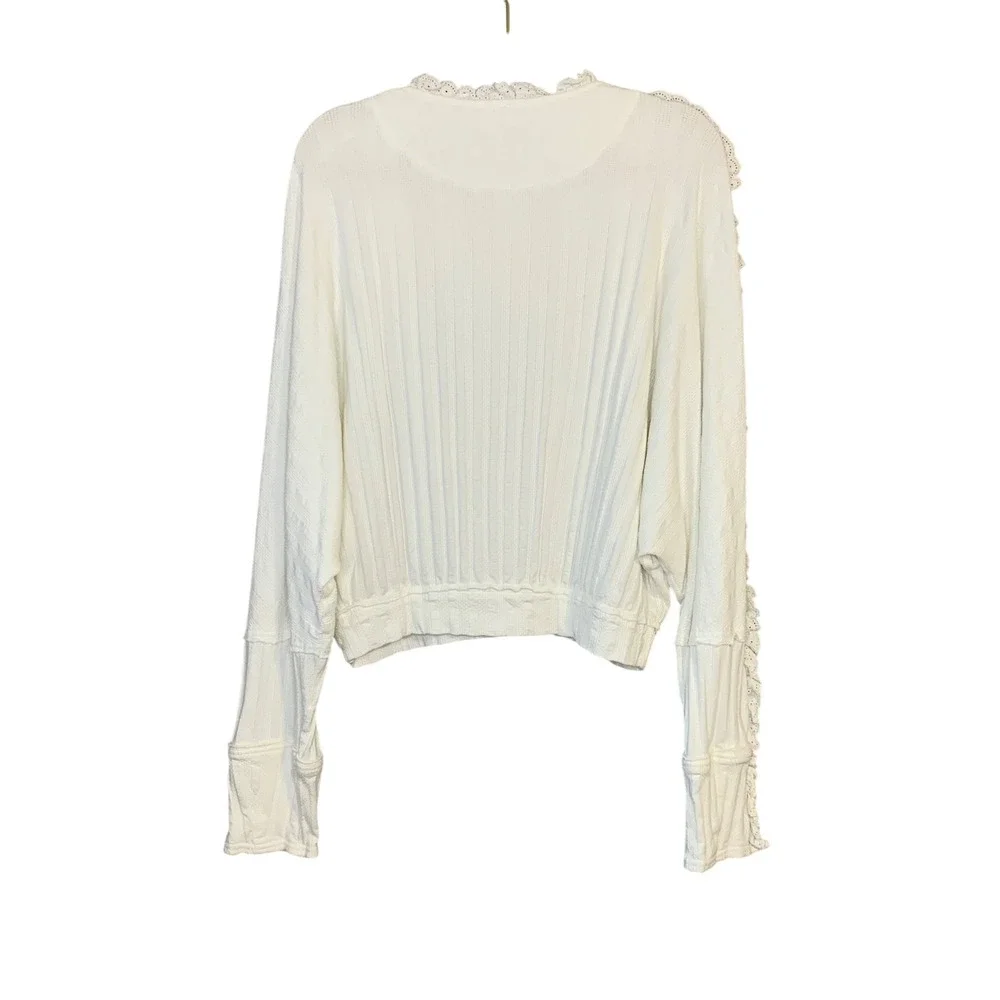 Free People Cottage-core More Romance Top Ivory Ruffle Trim Long Sleeve Blouse L
